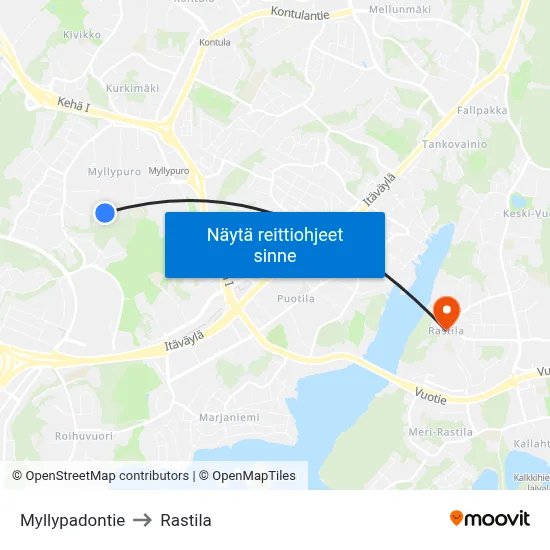 Myllypadontie to Rastila map