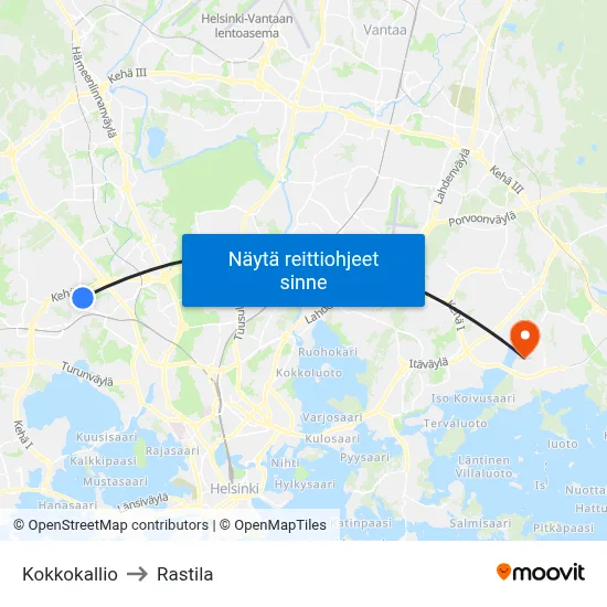 Kokkokallio to Rastila map