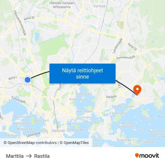 Marttila to Rastila map