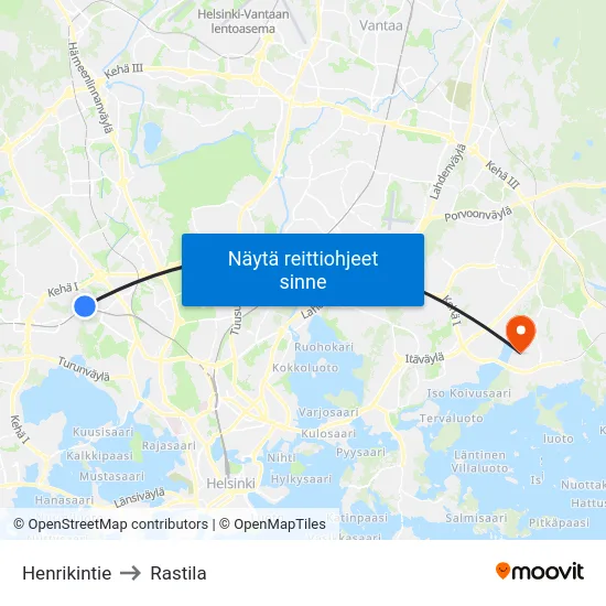 Henrikintie to Rastila map