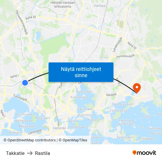 Takkatie to Rastila map