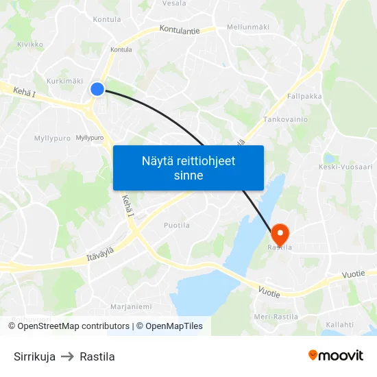 Sirrikuja to Rastila map
