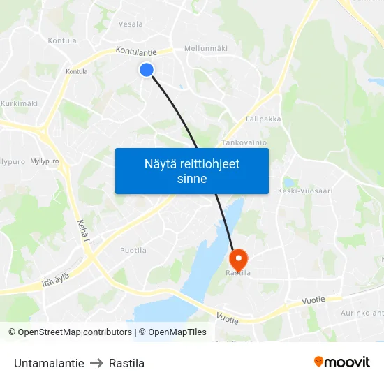 Untamalantie to Rastila map