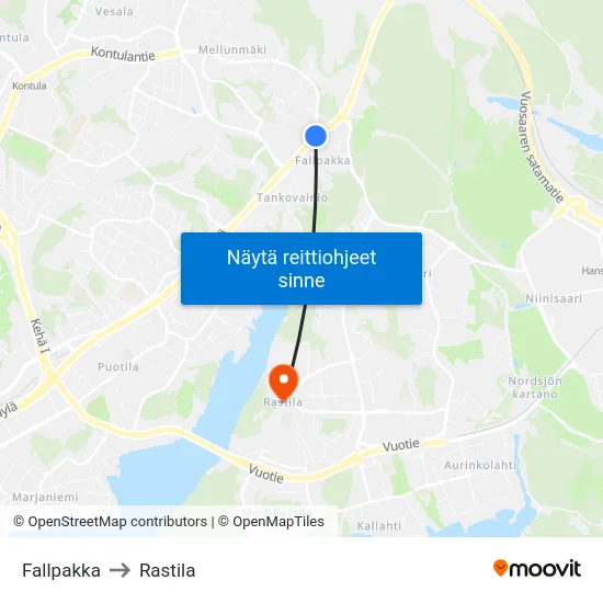 Fallpakka to Rastila map