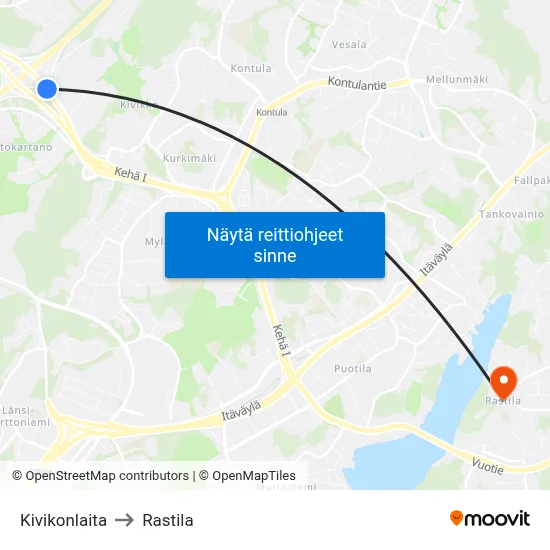 Kivikonlaita to Rastila map