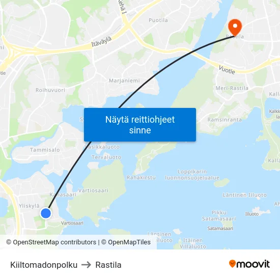 Kiiltomadonpolku to Rastila map