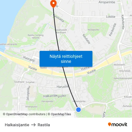 Halkaisijantie to Rastila map