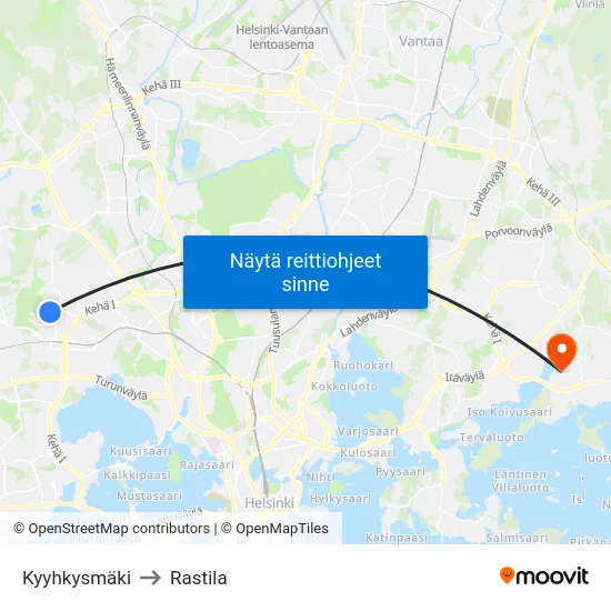 Kyyhkysmäki to Rastila map