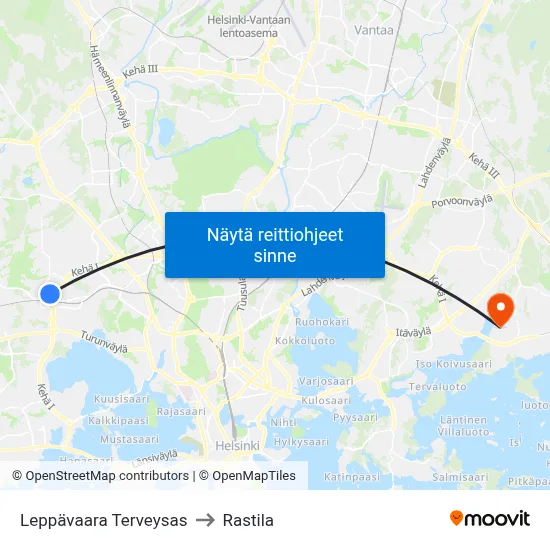 Leppävaara Terveysas to Rastila map