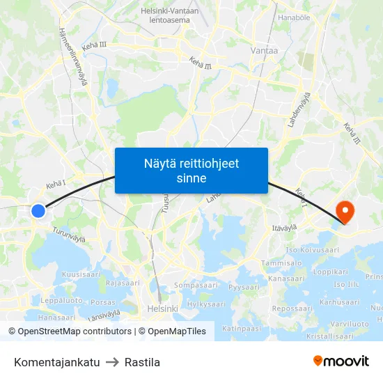 Komentajankatu to Rastila map