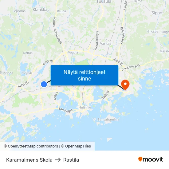 Karamalmens Skola to Rastila map