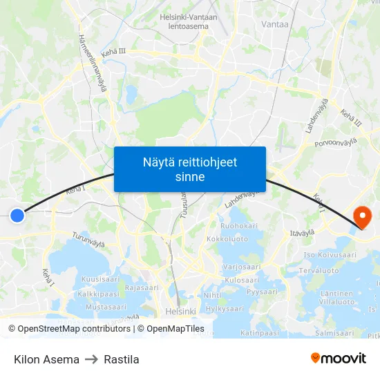 Kilon Asema to Rastila map