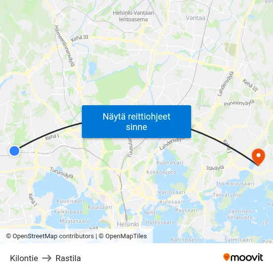 Kilontie to Rastila map
