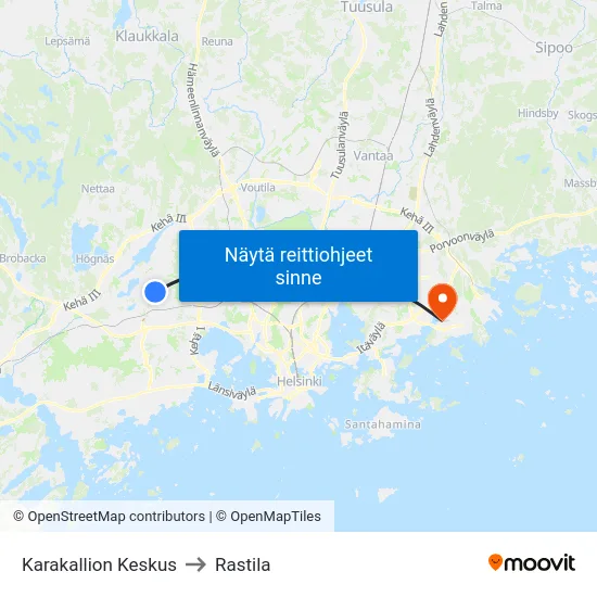 Karakallion Keskus to Rastila map