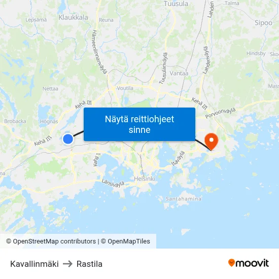 Kavallinmäki to Rastila map