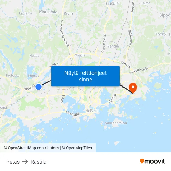 Petas to Rastila map