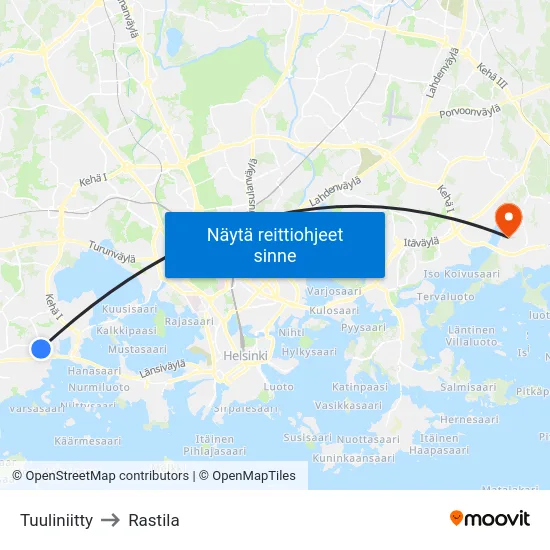 Tuuliniitty to Rastila map