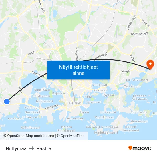 Niittymaa to Rastila map