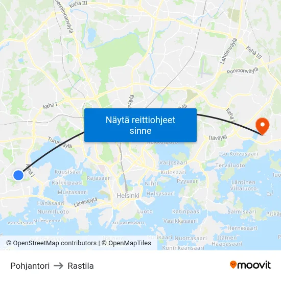 Pohjantori to Rastila map