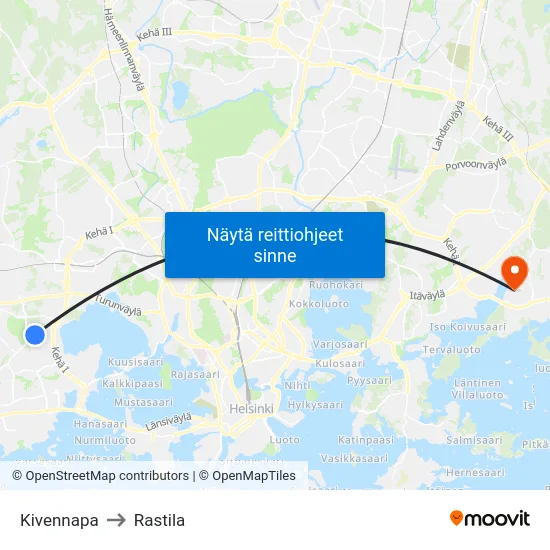 Kivennapa to Rastila map