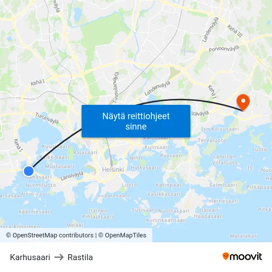 Karhusaari to Rastila map