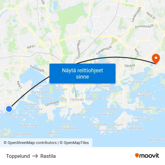 Toppelund to Rastila map
