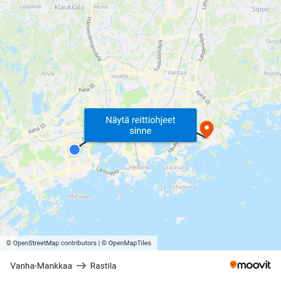Vanha-Mankkaa to Rastila map