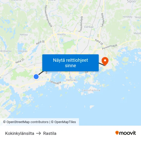 Kokinkylänsilta to Rastila map