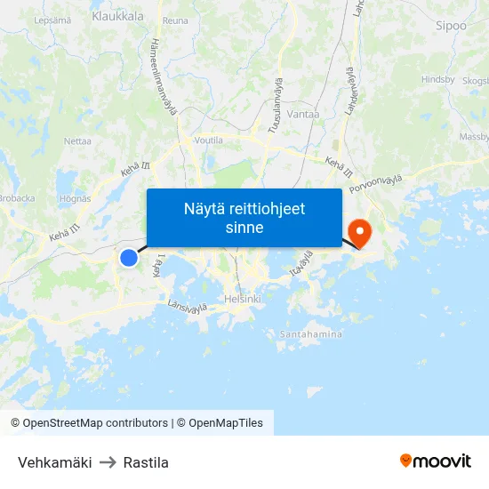 Vehkamäki to Rastila map