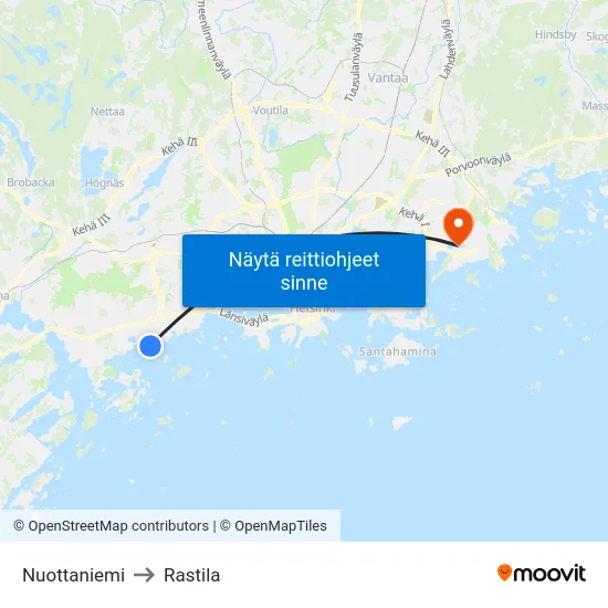Nuottaniemi to Rastila map