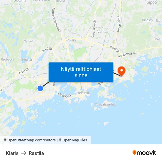 Klaris to Rastila map