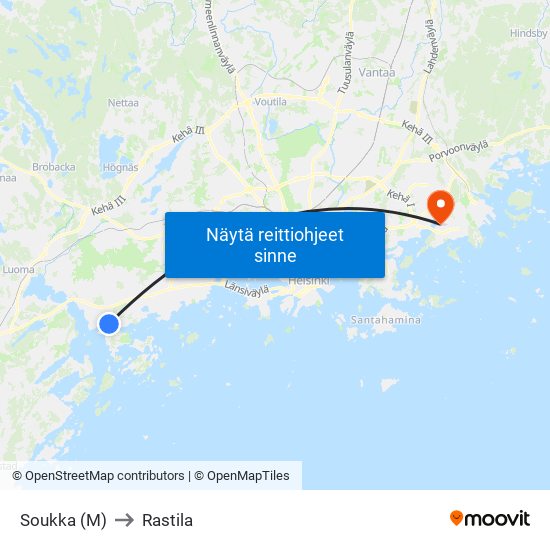 Soukka (M) to Rastila map