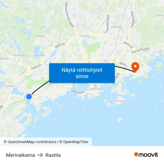 Merivalkama to Rastila map