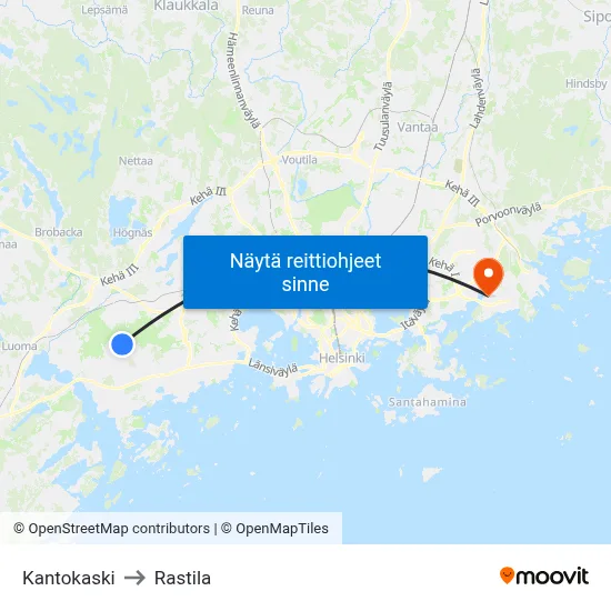 Kantokaski to Rastila map