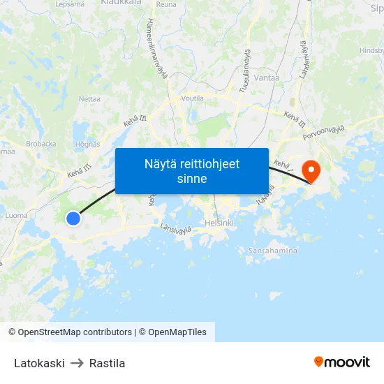 Latokaski to Rastila map