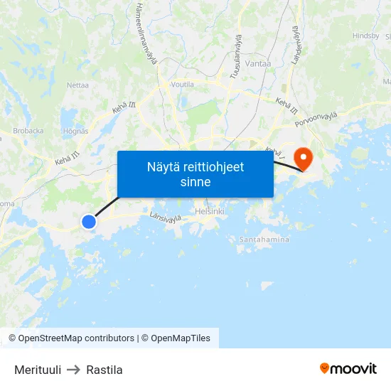 Merituuli to Rastila map