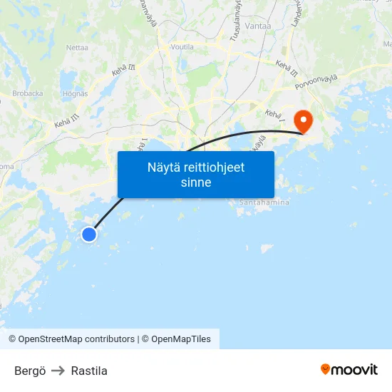 Bergö to Rastila map