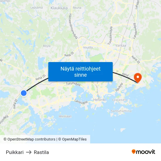 Puikkari to Rastila map