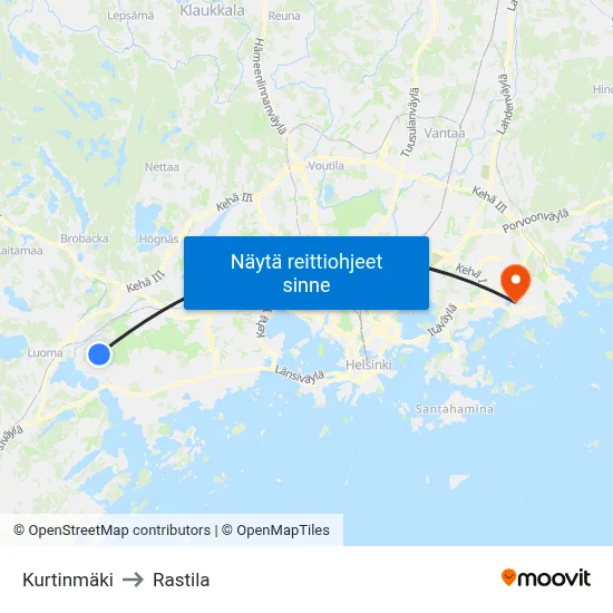 Kurtinmäki to Rastila map