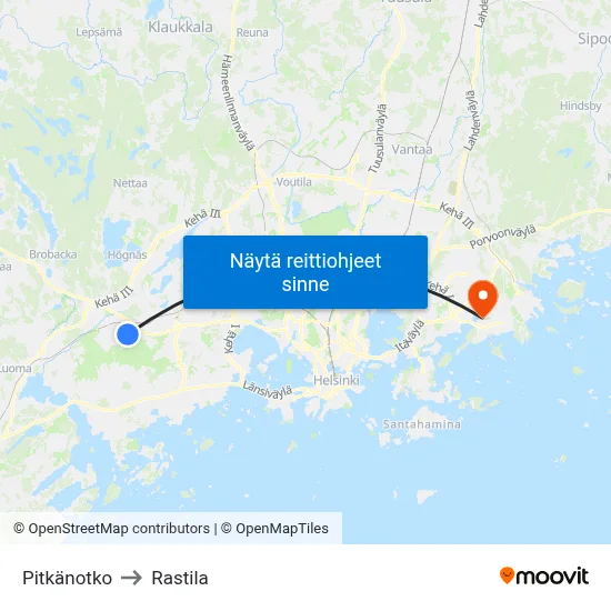 Pitkänotko to Rastila map