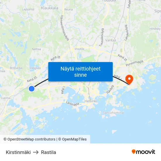 Kirstinmäki to Rastila map