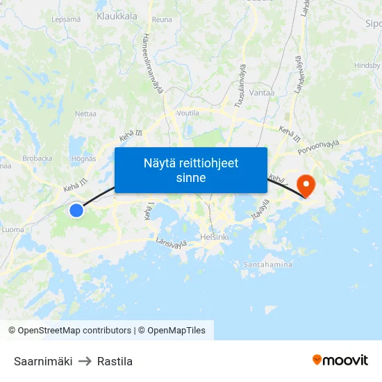 Saarnimäki to Rastila map
