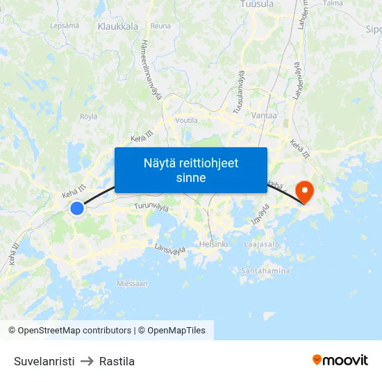 Suvelanristi to Rastila map