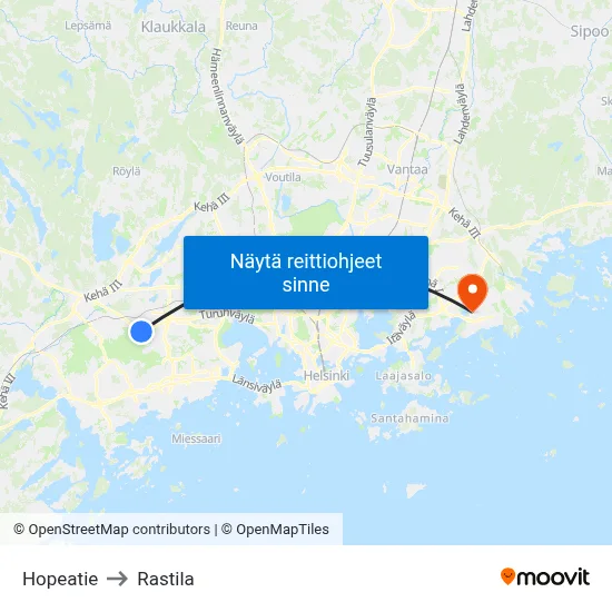 Hopeatie to Rastila map
