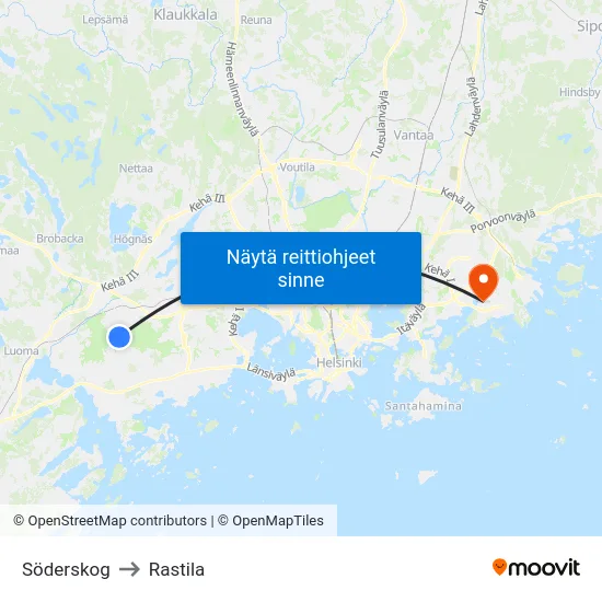 Söderskog to Rastila map