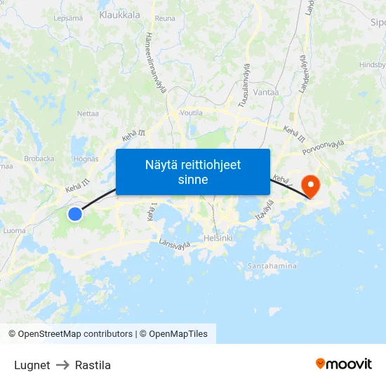 Lugnet to Rastila map