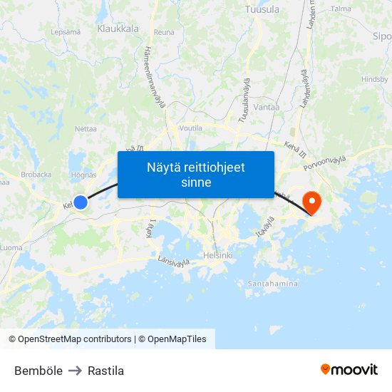Bemböle to Rastila map