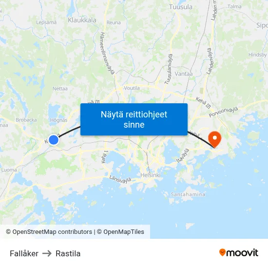 Fallåker to Rastila map