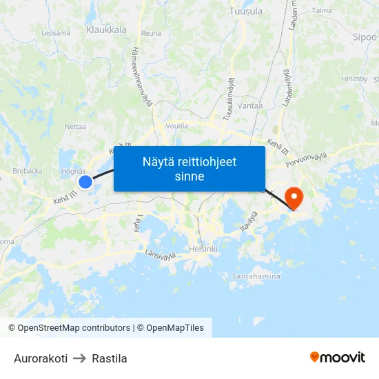 Aurorakoti to Rastila map