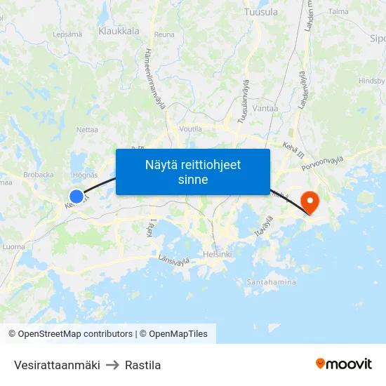 Vesirattaanmäki to Rastila map